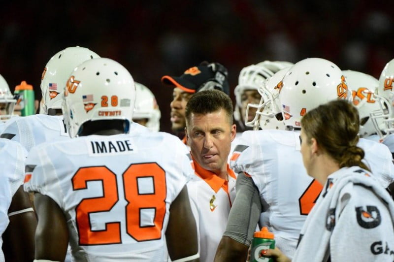 Sept. 8 2012 Tucson AZ USA Oklahoma State Cowboys head coach Mike Gundy talks with players during the first half against the Arizona Wildcats at Arizona Stadium. Mandatory Credit Matt Kartozian US PRESSWIRE Sept. 8 2012 Tucson AZ USA Oklahoma State Cowboys head coach Mike Gundy talks with players during the first half against the Arizona Wildcats at Arizona Stadium. Mandatory Credit Matt Kartozian US PRESSWIRE
