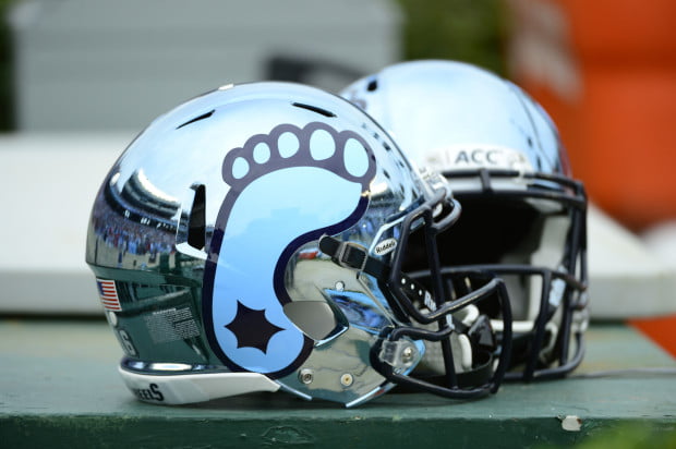 Oct 27, 2012; Chapel Hill, NC, USA; North Carolina Tar Heels are wearing a new style of helmet in the game at Kenan Stadium. Mandatory Credit: Bob Donnan-USA TODAY Sports